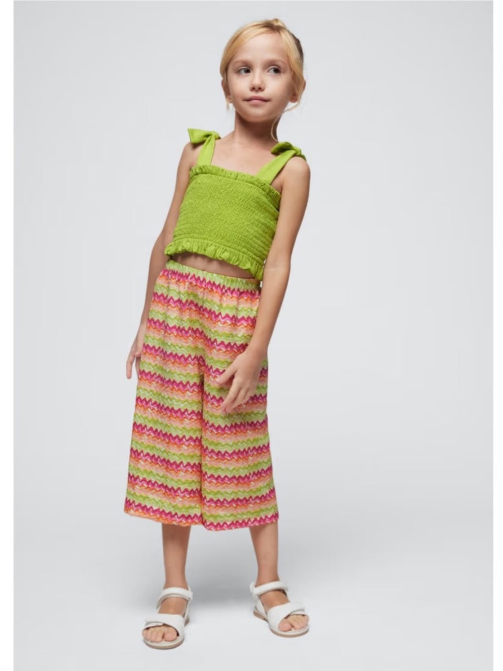 Mayoral Girls Green Smocked Tank with Pink & Lime chevron Culottes